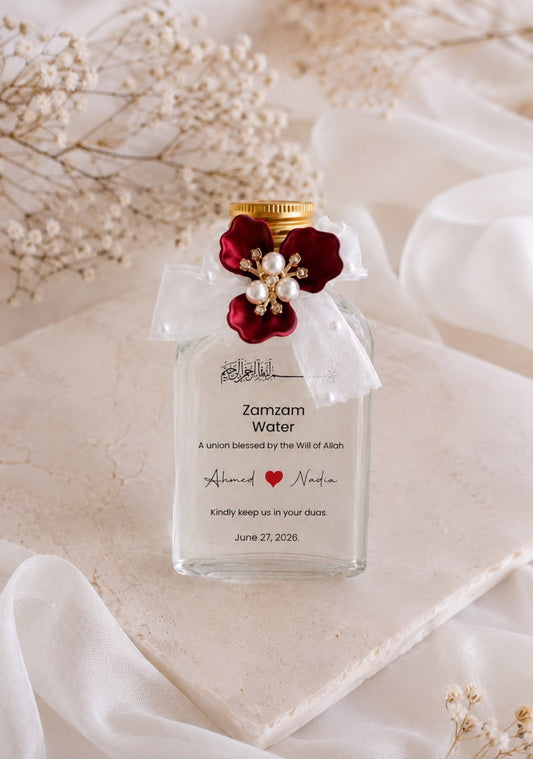 L’Écrin de Zamzam - eau de Zamzam personnalisée avec fleur bordeaux