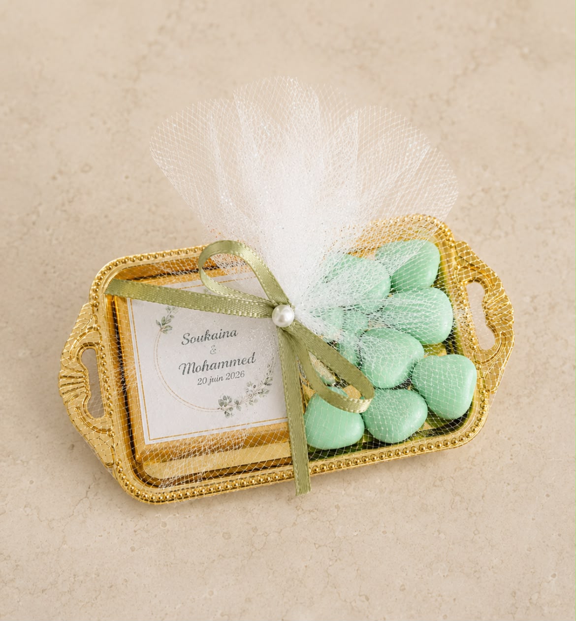 Plateau dragées et chocolat Sauge personnalisé – cadeau invité élégant