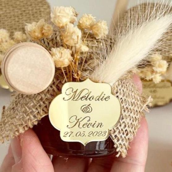 Pot de Miel Luxe avec fleurs séchées et gravure en plexiglas dorée arabesque