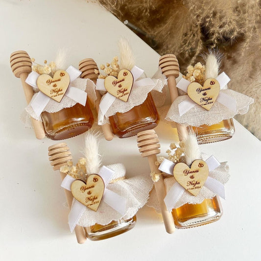 Pot de Miel Maya avec cache-pot en lin blanc et gravure en bois cœur