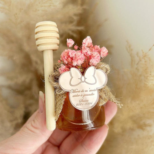 Pot de Miel Mimi avec fleurs séchées et gravure plexiglas rose doré inspirée de Disney