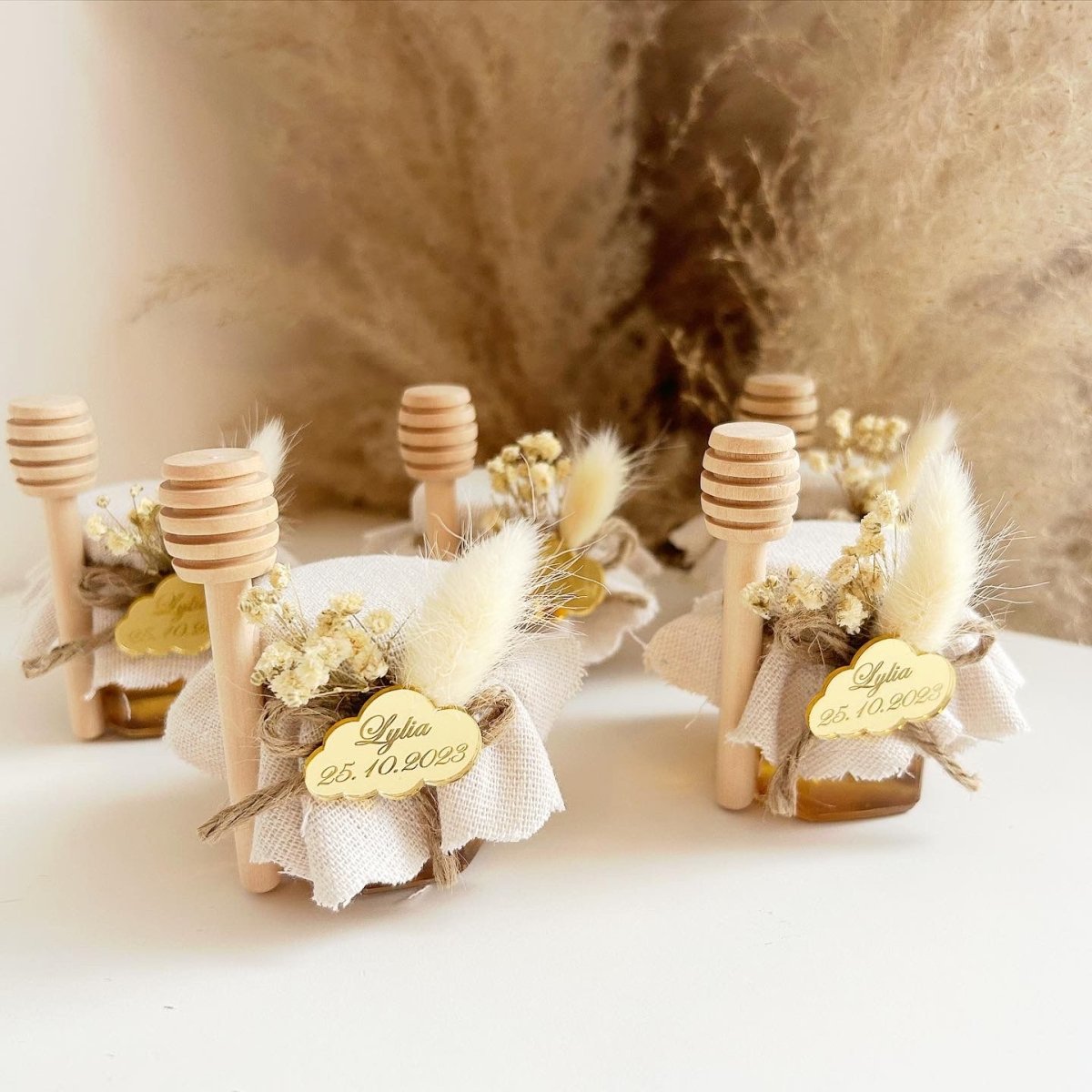 Pot de Miel Nuage avec décoration de fleurs séchées et gravure nuage en plexiglas dorée