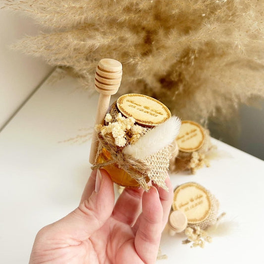 Pot de Miel Pampa avec fleurs séchées, nœud en jute et gravure bois ronde