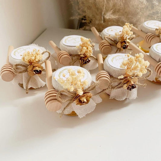 Pot de Miel Panama avec fleurs séchées, nœud en jute, et rose en papier de soie dorée