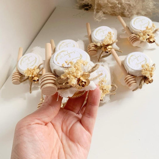 Pot de Miel Panama avec fleurs séchées, nœud en jute, et rose en papier de soie dorée