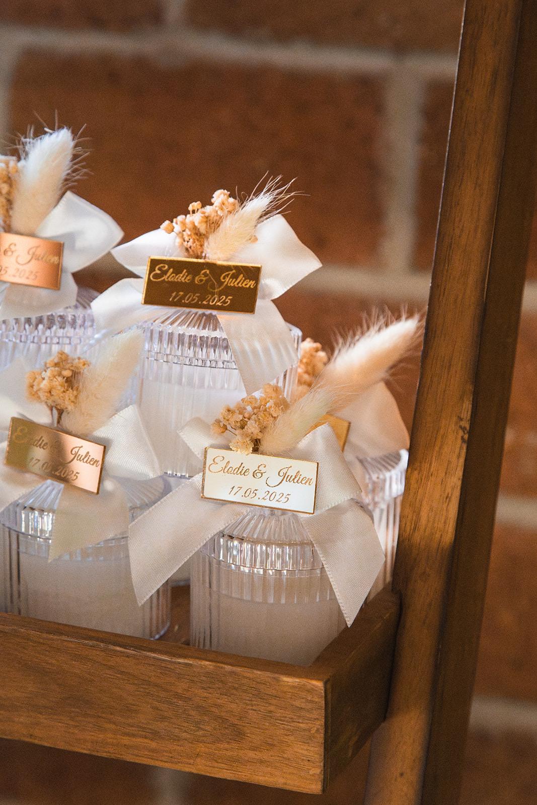 Bougies Cristal Gold personnalisées pour le mariage d’Élodie et Julien – cadeau invité élégant avec gravure 17.05.2025