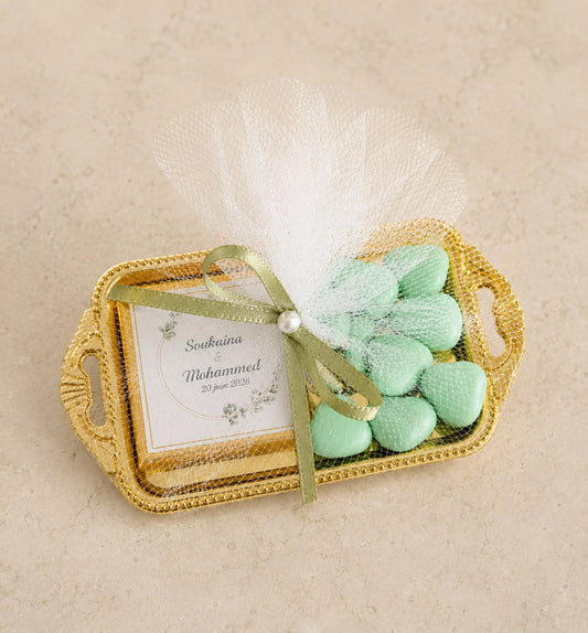 Plateau dragées et chocolat Sauge personnalisé – cadeau invité élégant