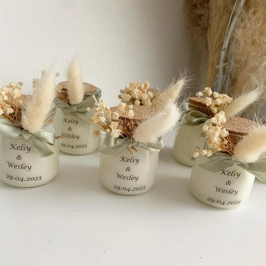 Bougie Laurier personnalisée avec bouchon en bois, fleurs séchées et nœud en satin, cadeau invité mariage